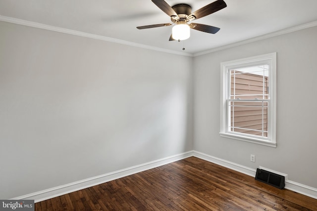 empty room with hardwood / wood-style floors, ceiling fan, and crown molding