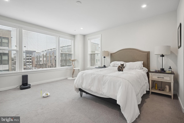 bedroom featuring dark carpet