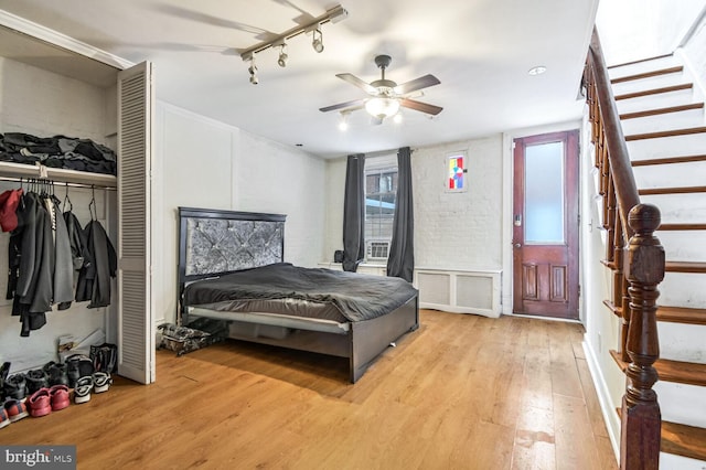 bedroom with radiator, multiple windows, and light wood-style flooring