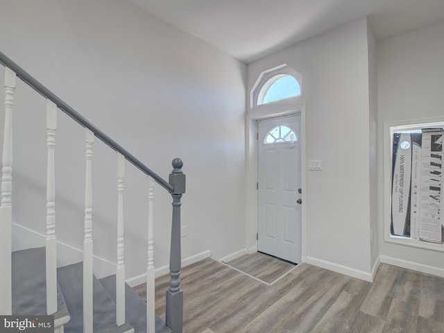 entrance foyer with hardwood / wood-style flooring and a high ceiling