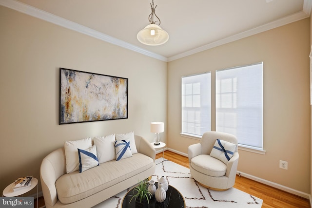 living room with hardwood / wood-style floors and crown molding