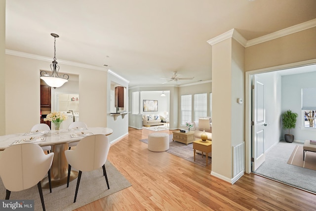 dining room featuring crown molding, ceiling fan, and light hardwood / wood-style flooring