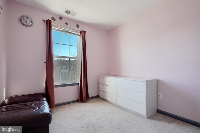 sitting room featuring light carpet and a textured ceiling