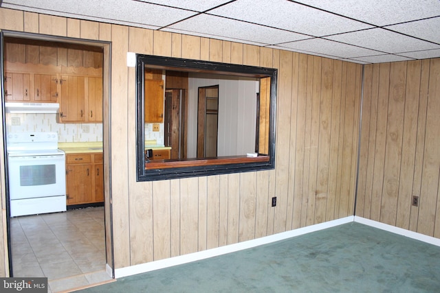 carpeted spare room with wood walls