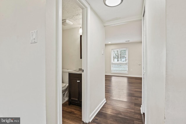 hallway with a textured ceiling and dark hardwood / wood-style floors