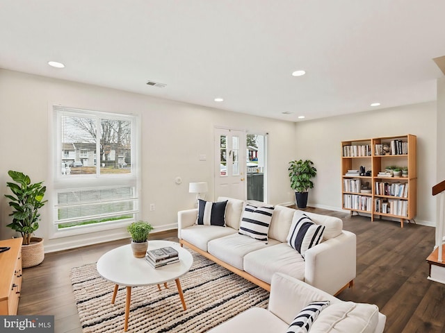 living room featuring dark hardwood / wood-style flooring and a wealth of natural light