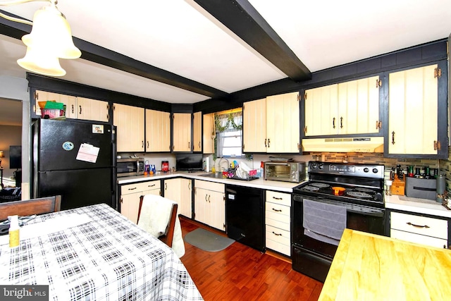 kitchen featuring dark hardwood / wood-style flooring, beamed ceiling, black appliances, and sink