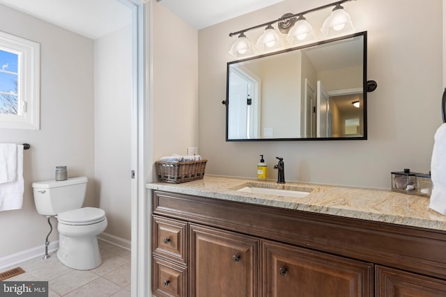 bathroom featuring toilet, vanity, and tile patterned flooring