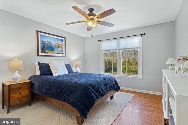 bedroom with ceiling fan and light hardwood / wood-style floors