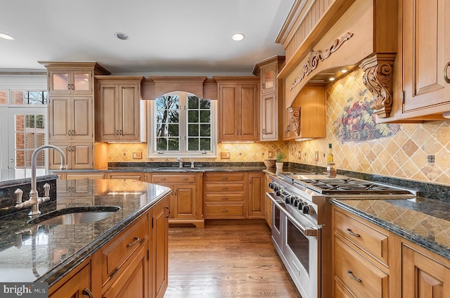 kitchen with sink, double oven range, light wood-type flooring, and dark stone counters