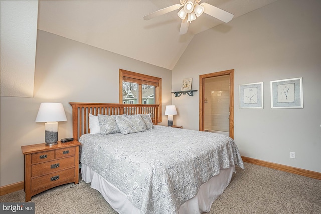 bedroom featuring ceiling fan, light colored carpet, and lofted ceiling