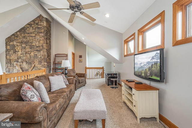 carpeted living room featuring beamed ceiling, ceiling fan, and high vaulted ceiling