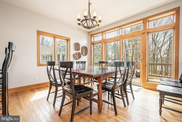 dining room with light wood-type flooring and an inviting chandelier