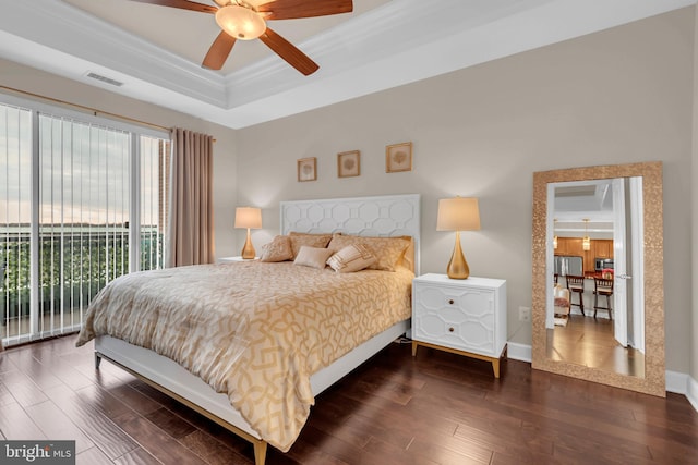 bedroom with ornamental molding, access to outside, ceiling fan, and dark wood-type flooring