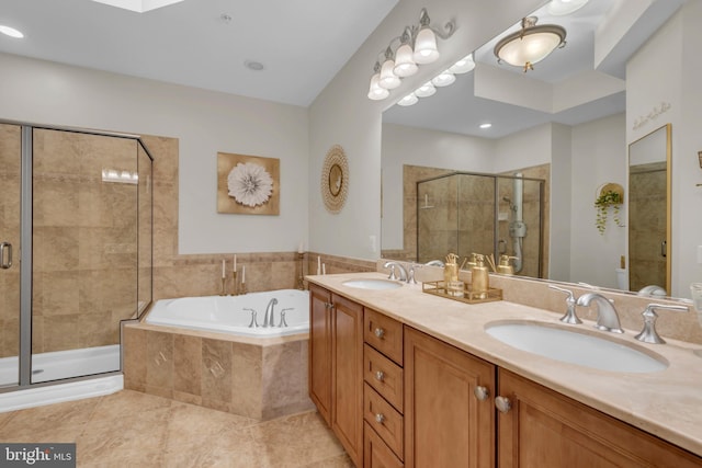 full bathroom featuring tile patterned flooring, vanity, separate shower and tub, and toilet