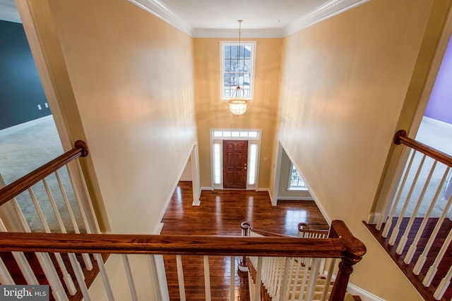 staircase with hardwood / wood-style flooring, crown molding, and an inviting chandelier