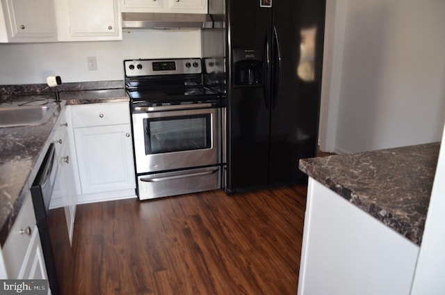 kitchen featuring wall chimney range hood, dark hardwood / wood-style flooring, stainless steel electric range, black fridge with ice dispenser, and white cabinets