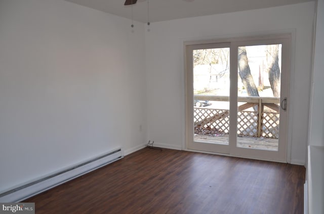 empty room with dark wood-type flooring, ceiling fan, and a baseboard heating unit