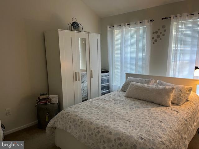 bedroom with lofted ceiling and carpet floors