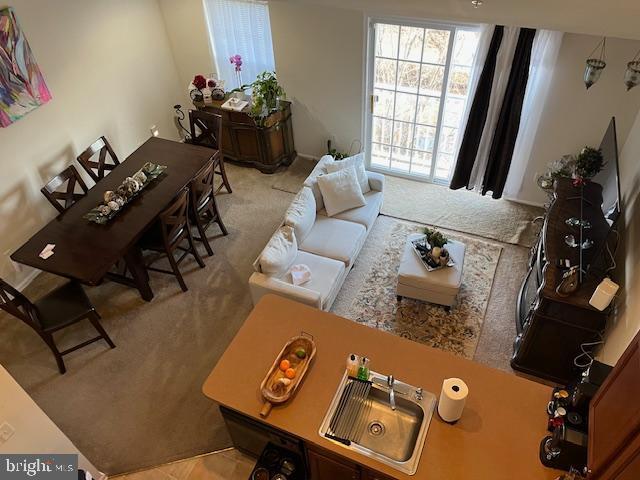 living room featuring light carpet