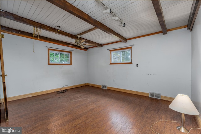 unfurnished room featuring beam ceiling, wood ceiling, dark wood-type flooring, and a wealth of natural light