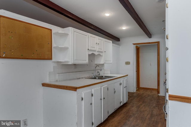 kitchen with white cabinetry, sink, tasteful backsplash, dark hardwood / wood-style flooring, and beamed ceiling