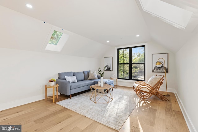 8206 Grubb Rd, Chevy Chase, MD 20815 - living area featuring a skylight, light wood finished floors, lofted ceiling, recessed lighting, and baseboards