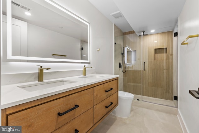 8206 Grubb Rd, Chevy Chase, MD 20815 - full bathroom featuring a stall shower, toilet, double vanity, tile patterned floors, and recessed lighting