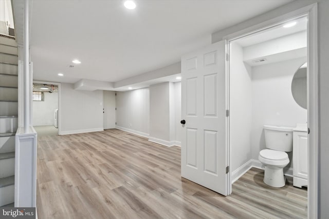 basement with light wood-type flooring