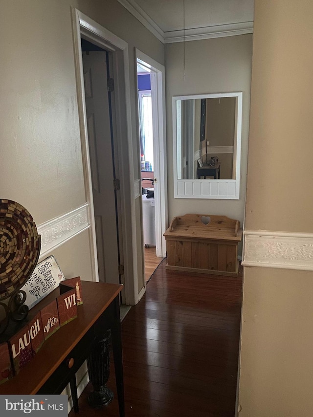 hallway with hardwood / wood-style floors and ornamental molding