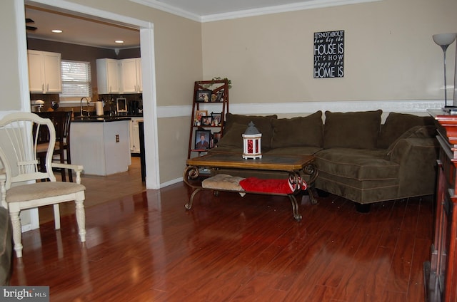 living room with dark hardwood / wood-style floors, ornamental molding, and sink