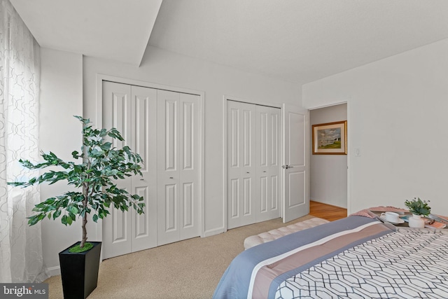 carpeted bedroom with two closets