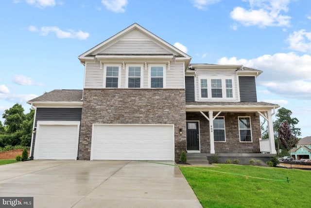 800 Long Meadow Dr, Fredericksburg, VA 22406 - view of front of property featuring driveway, a front lawn, stone siding, an attached garage, and a garage