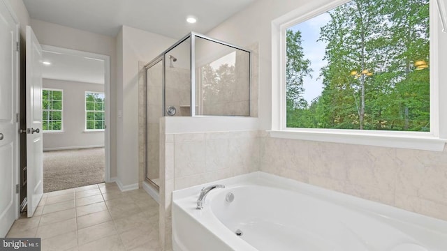 800 Long Meadow Dr, Fredericksburg, VA 22406 - bathroom with a garden tub, a stall shower, tile patterned floors, and recessed lighting