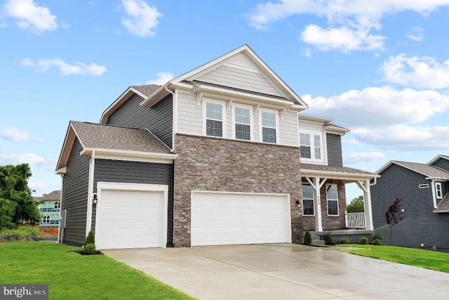 800 Long Meadow Dr, Fredericksburg, VA 22406 - craftsman inspired home with stone siding, driveway, a front yard, a porch, and a garage