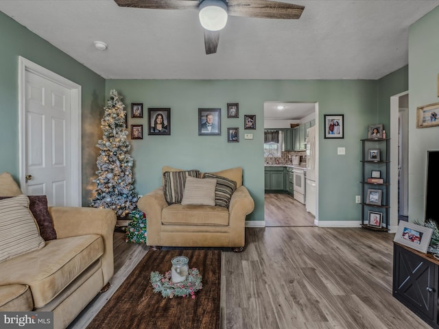 living room with ceiling fan, light hardwood / wood-style flooring, a textured ceiling, and sink