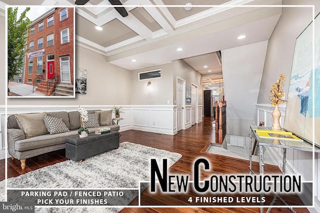 living room with dark wood-type flooring, coffered ceiling, and ornamental molding