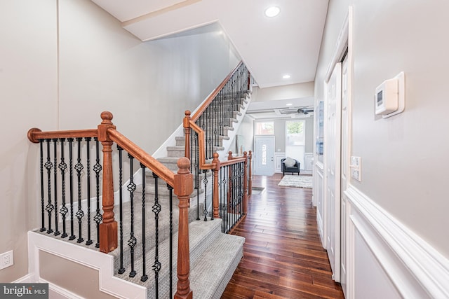 staircase featuring ceiling fan and hardwood / wood-style flooring