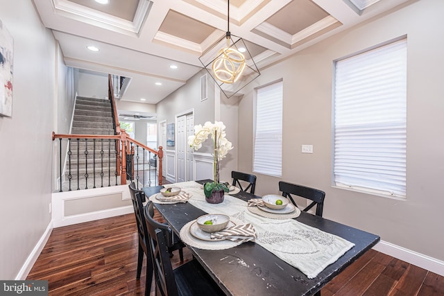 dining area with dark hardwood / wood-style flooring, ornamental molding, coffered ceiling, beam ceiling, and a notable chandelier