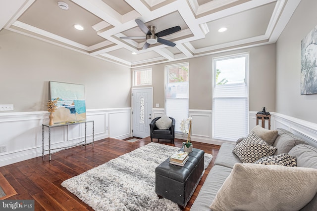 living room featuring beamed ceiling, dark wood-type flooring, ceiling fan, and coffered ceiling