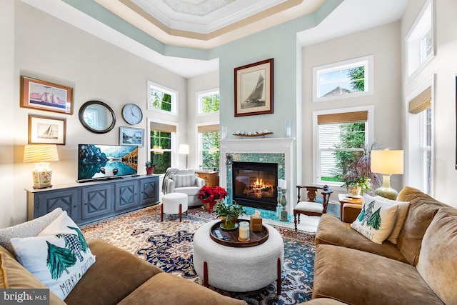 living room featuring crown molding, a high ceiling, and a tray ceiling