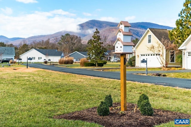 view of yard featuring a mountain view and a garage