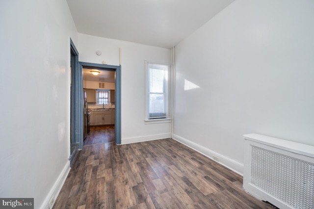 interior space featuring radiator heating unit, dark wood-type flooring, and sink