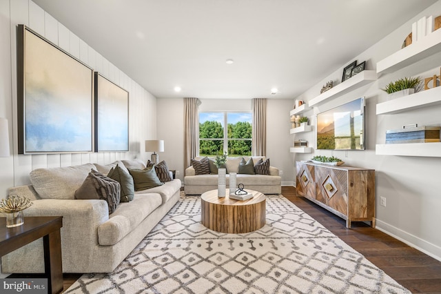 living room with dark wood-type flooring