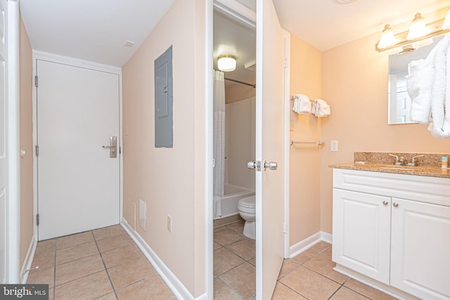 full bathroom featuring electric panel, tile patterned flooring, vanity, and toilet