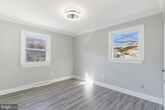 spare room featuring wood-type flooring and ornamental molding