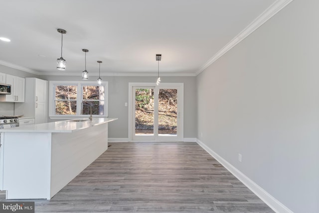 kitchen with crown molding, white cabinets, decorative light fixtures, and light wood-type flooring