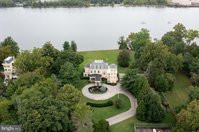 drone / aerial view with a water view