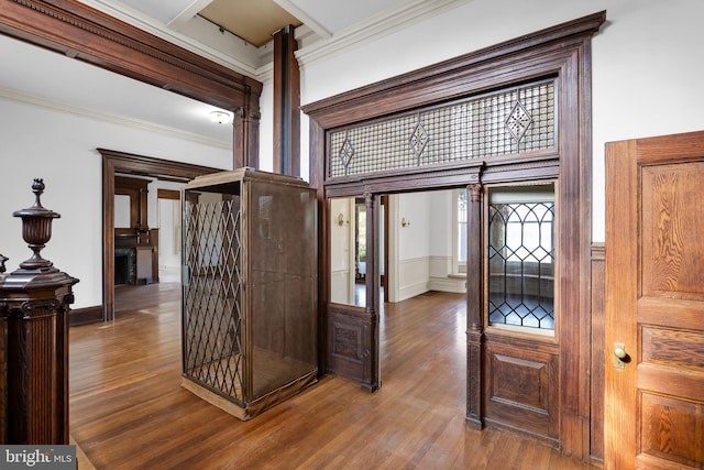 entrance foyer featuring crown molding and wood-type flooring