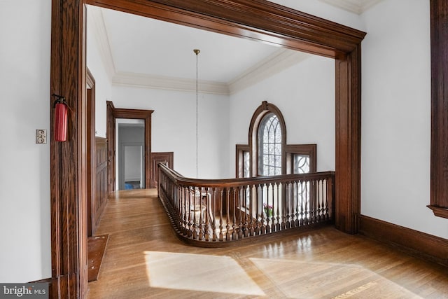 hallway featuring ornamental molding